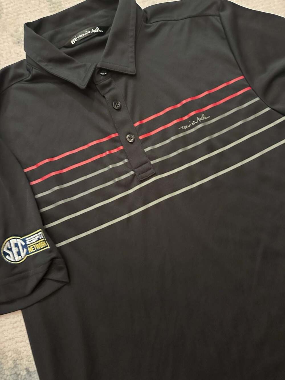 Small TravisMathew Black Striped Golf Polo Shirt with SEC Network Emb Logo